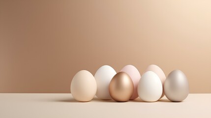 Fototapeta premium The symbol of Easter is eggs. A collection of eggs in light shades on the table.