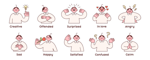 Set of cute characters expressing various emotions with gestures and facial expressions. Vector illustration of happy, angry, sad, surprised, confused guy. Isolated elements on white background.