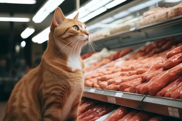 A red tubby cat looks at a display case with meat in a supermarket. Animal in store