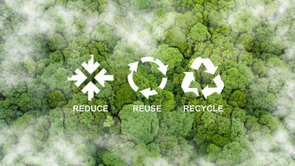 Reduce, reuse, recycle symbol in the middle of a beautiful untouched jungle. Ecological concept. An...
