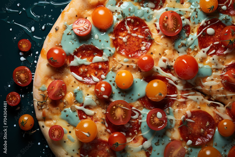 Aufkleber pizza - a playful abstract collage of colors and shapes representing toppings.