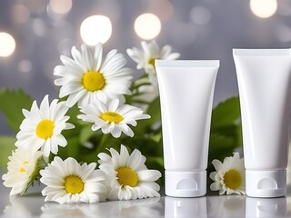 two cosmetic cream container tubes mockup product photograph in white color, white chamomile daisy background decorations, bokeh effect in lighting