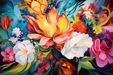 A stunning painting of colorful flowers displayed against a dark black background, A floral wonderland abstracted with a clash of vivid hues, AI Generated