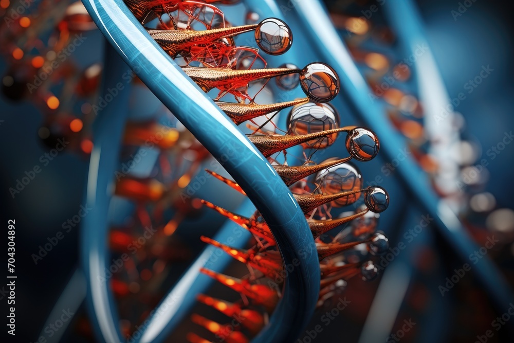 Poster detailed close-up of a blue and red structure, highlighting the intricate geometry and vivid color c