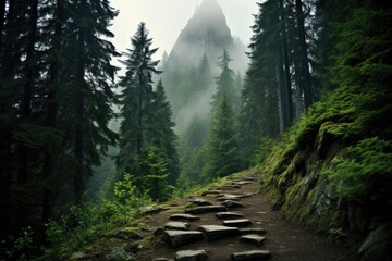 A peaceful trail winds through the deep woods, offering a stunning view of a grand mountain peak, A foggy mountain-path surrounded by tall, green trees, AI Generated - obrazy, fototapety, plakaty