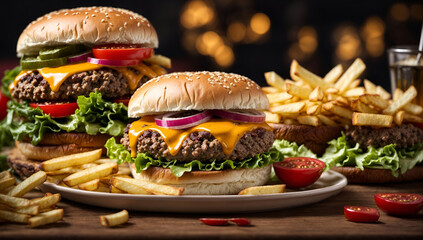 yummy meat cheeseburger with french fries