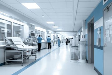 Hospital hallway with medical staff and gurney