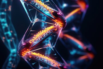 A striking close-up image featuring a vibrant, colorful object set against a solid black background, A fusion of organic DNA structure and abstract tech design, AI Generated