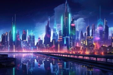 Fototapeta na wymiar A sprawling cityscape teeming with towering buildings, forming an awe-inspiring spectacle, A futuristic cityscape bathed in neon lights, AI Generated