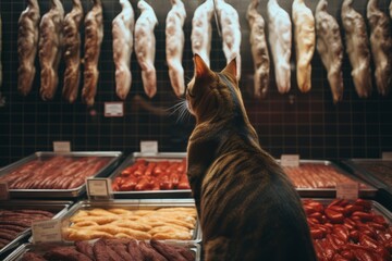 A red tubby cat looks at a display case with meat in a supermarket. Animal in store