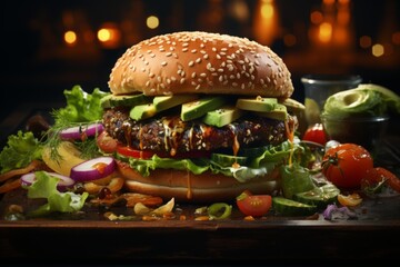 vegetarian burger with avocado and other vegetables on a dark background. lunch, snack.