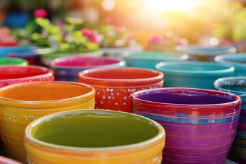 Organizing garden pots, colorful, orderly, sunny. 