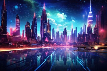 A stunning image of a futuristic cityscape with a remarkable skyline in the distance, A futuristic cityscape bathed in neon lights, AI Generated
