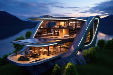 A stunning image of a futuristic house, brightly lit up against the night sky, A futuristic home powered entirely by renewable energy, AI Generated