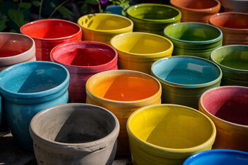 Organizing garden pots, colorful, orderly, sunny. 