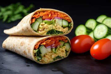 Veggie Hummus Wrap: cherry tomatoes, cucumber sliced, bell pepper, shredded carrots, red onion. healthy lunch or snack.