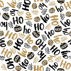 New Year and Christmas seamless pattern, with Ho Ho Ho hand drawn letters, vector Illustration Background.