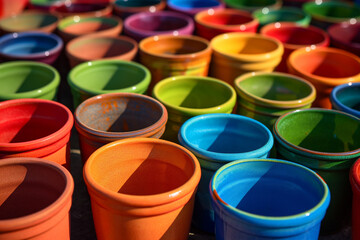 Organizing garden pots, colorful, orderly, sunny. 