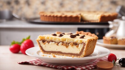 a photo of a piece of cerry pie cake that looks good on the table made by AI generative