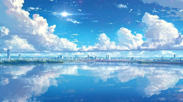 blue sky with lake and clouds. seamless looping time-lapse virtual video Animation Background.	