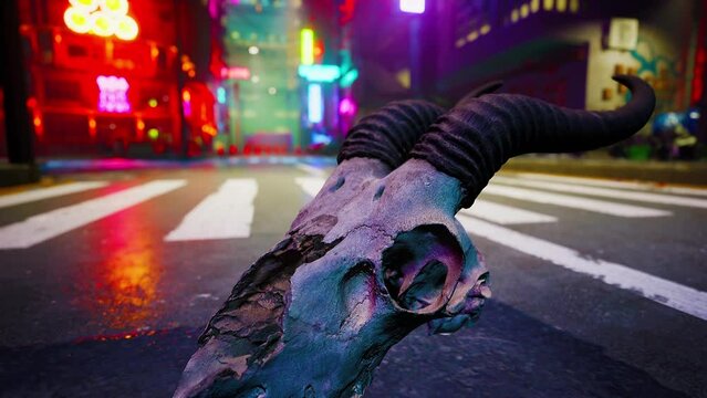 A discarded animal skull on the side of a deserted road