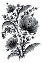 Hand-drawn floral painting isolated monochrome flowers. Ukrainian folk art, traditional decorative painting style Petrykivka. Perfect print for cards, decor.