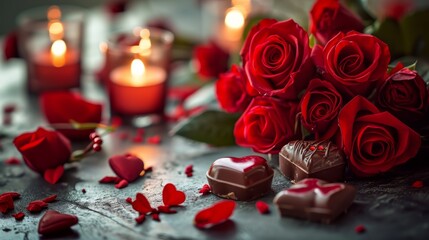 Valentine’s Day Romance: An intimate, romantic setting with red roses, heart-shaped chocolates, and soft candlelight for Valentine's Day.