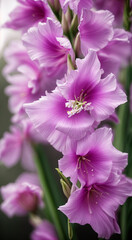 photo close up on light violet and white gladiolus flower details. generated AI