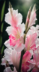 Fototapeta premium photo close up on light white and pink gladiolus flower details. AI generated