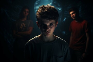 Teenagers bullying boy on dark background