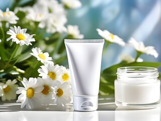 Obraz na płótnie Canvas cosmetic cream containers and tubes mockup product photograph in white color, white chamomile daisy background decorations, bokeh effect in lighting