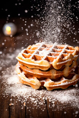 Belgian waffles with powdered sugar. Selective focus.