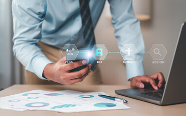 Fototapeta premium management, milestone, plan, corporate, manager, project, schedule, progress, dashboard, information. touching smartphone for check milestone and plan management to view schedule progress information.