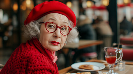beautiful french granny in a red beret having breakfast in a cafe - obrazy, fototapety, plakaty
