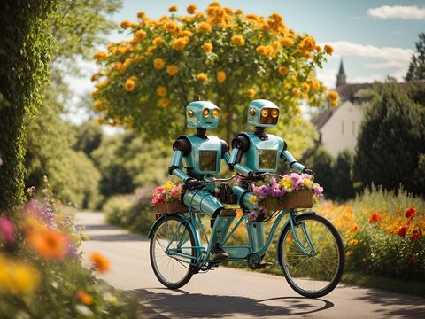 a pair of charming robots riding a bicycle together