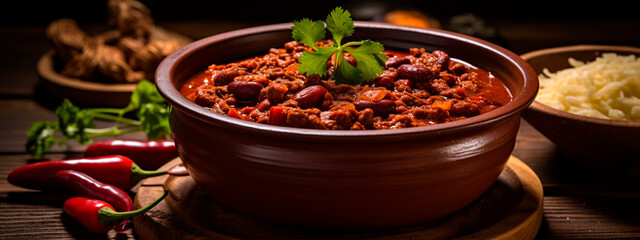chili beans with meat on a plate. Selective focus. - obrazy, fototapety, plakaty