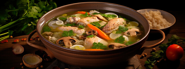 chicken soup with vegetables. Selective focus.