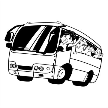 black and white bus with children waving clip art preview