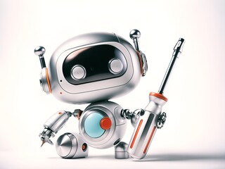 a charming robot holding a screwdriver