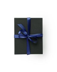 Top view of black gift box with blue ribbon isolated on white background