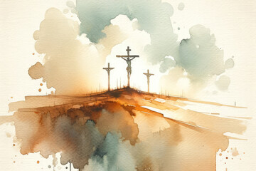 Crosses of Jesus Christ on the hill. Digital watercolor painting. - obrazy, fototapety, plakaty