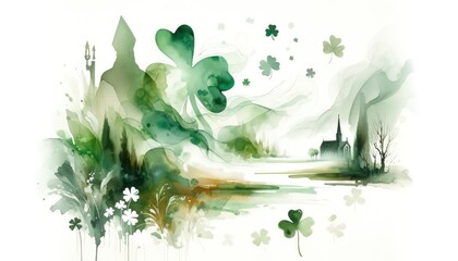 St. Patrick's Day. Green watercolor landscape with bishop silhouette, church and clover leaves....