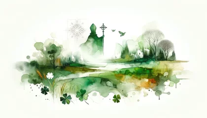 Foto op Plexiglas St. Patrick's Day. Green watercolor landscape with bishop silhouette, church and clover leaves. Vector illustration. © Faith Stock
