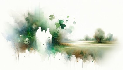 St. Patrick's Day. White silhouette of saints against green abstract watercolor background with...