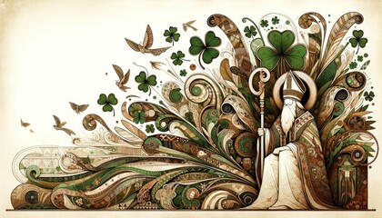 Saint Patrick's Day. Illustration of Saint Patrick and church with clover celebrative pattern in the background. - obrazy, fototapety, plakaty