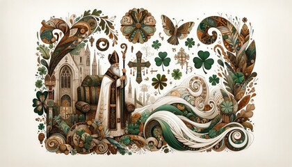 Saint Patrick's Day. Illustration of Saint Patrick and church with clover celebrative pattern in the background.