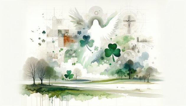 St. Patrick's Day. Green watercolor landscape with angel silhouette in the sky and clover leaves. Vector illustration.