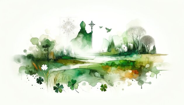 St. Patrick's Day. Green watercolor landscape with bishop silhouette, church and clover leaves. Vector illustration.