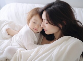 Asian mother hugging sleeping baby lying on bed, on white bedsheets