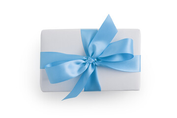 Top view of white paper present box with blue ribbon isolated on white background